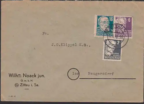 Köpfe I, Buntfrankatur von 2, 6 und 16 Pfg. portogenauer Fernbrief aus Zittau 22.6. 49, Rudolf Virchow, Käthe Kollwitz