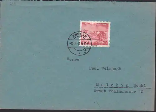 Bodenreform in der DDR 1945, 20 Pf mit Mähdrescher, Fernbrief aus Anklam 8.7.55, DDR 483, rs. Abs. Kulturbund