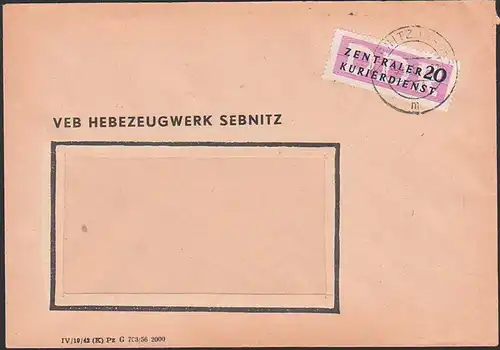 Sebnitz ZKD-Brief 20 Pf. Abs. VEB Hebezeugwerk 8.2.57, Zentraler Kurierdienst der DDR