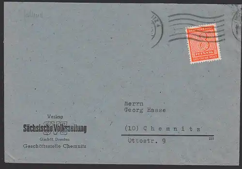 Chemnitz 8 Pf. OPD Westsachsen Ortsbrief SVZ Sächsische Volkszeitung SBZ 130X