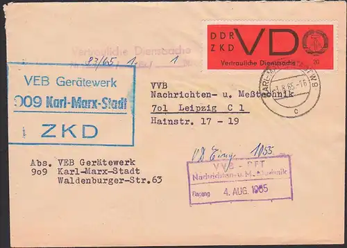 Karl-Marx-Stadt Gerätewerk ZKD-Brief 3.8.65 mit VD 3x, Z2 Vertrauliche Dienstsache - Nachweiis