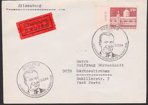 Berlin SoSt. J. A. Gagarin geboren am 9. Mai 1934, Eilsendung 50. Geburtstag 9.3.84