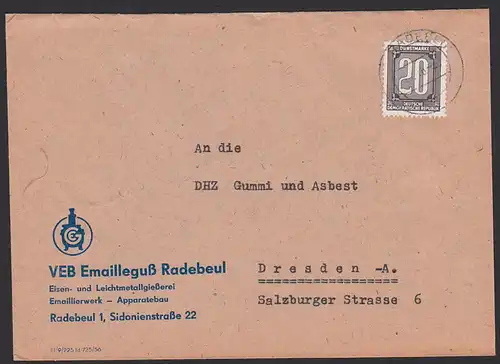 Radebeul ZKD 20 Pf. Fernbrief, B2 14.7.56, Emailleguß