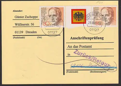 Dresden Heidelberg Bund 1160(2) Anschriftenprüfung Karl Carstens Bundespräsident aus Block Leerfeld als MEF