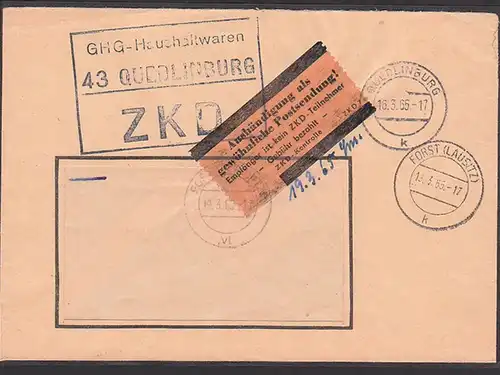 Qudlinburg Kontrolle ZKD 7 braun 'Aushändigung gewöhnliche Postsendung'  KSt. in schwarz, 16.3.65