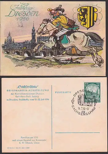 AK DDR Sachsen Dresden sächsischer Postreiter Wappen 750-Jahrfeier 1956, Elbe Frauenkirche katholische Hofkirche