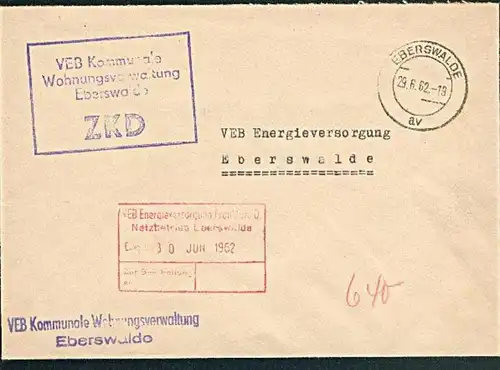Eberswalde R4 Kastenstempel Wohnung Verwaltung 29.6.62, Ortsbrief Zentralr Kurierdienst der DDR ZKD Brief