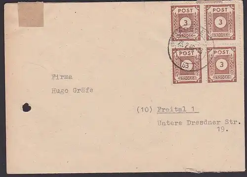 SBZ 3 Pf (4) Ost-Sachsen Fern-Bf Radebeul - Freital, Faltbrief MiNr. 56(4) 23.2.46 Reichspostporto