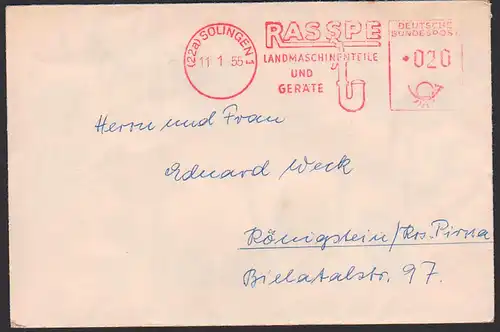 Solingen AFS 11.1.55 RASSPE Landmaschinenteile und Geräte nach Königstein Kreis Pirna