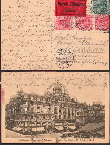 Frankfurt Schillerplatz 4, Resturant "Alemania" Münchner Hofbräu, Eilbotenkarte 18.12.1914