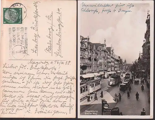 Magdeburg Breiter Weg, Ecke Steinstraße Fotokarte 1938, Straßenbahn Corinthum