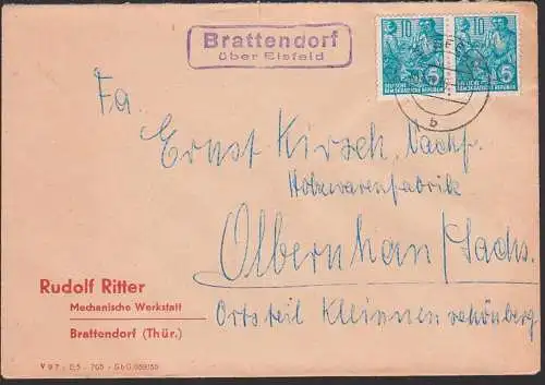 Brattendorf über Eisfeld, PSSt. 3.12.56 nach Olbernhau, Abs. Mechanische Werkstatt