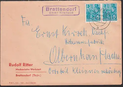 Brattendorf über Eisfeld, PSSt. 3.12.56 nach Olbernhau, Abs. Mechanische Werkstatt
