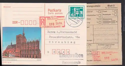 DDR GA P92 Auslands-Einschreiben SbPA Stralsund Rathaus, Einlieferungs-Schein (GA ist kplt.)