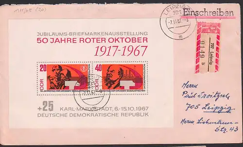 Leipzig R-Brief mit Bl. 26 50 Jahre Roter Oktober, portogenau 2. Gewichtsstufe, Lenin Kreuzer Aurora