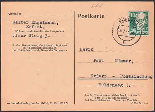 August Bebel 10 Pf. auf Ortskarte Erfurt 6.2.53