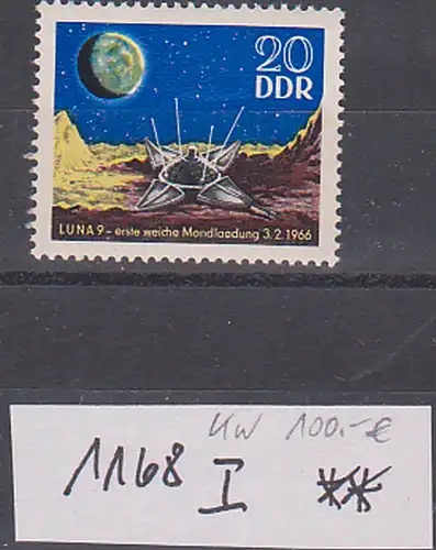 LUNA 9 erste weiche Mondlandung 20 Pf. postfrisch mit PF DDR 1168 I, zweite n von Mondlandung defekt