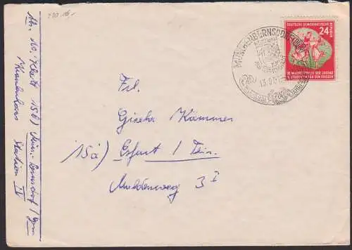Münchenbernsdorf SoSt. 13.9.51 700 Jahre, Fernbrief mit 24 Pf. Weltfestspiele DDR 290
