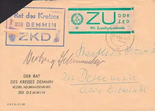 Demmin ZKD E1 Zustellungsurkunde R3 ZKD-St. Rat des Kreises 27.8.65, Ortsbrief