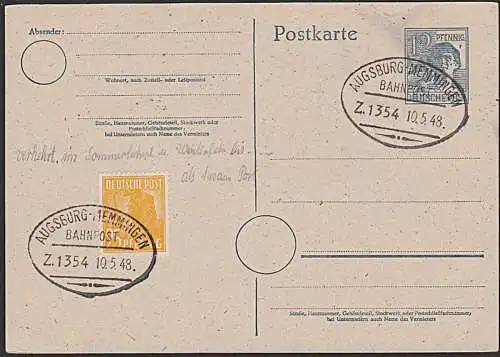 Bahnpost BiZ AUGSBURG - MEMMINGEN Z. 1354 vom 10.5.48 .. als 1mann Post