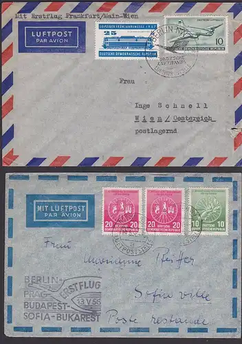DDR Luftpost par avion 2 Erstflugbriefe Berlin Prag Budapest Sofia Bukarest1956, Wien 1957, Luftpoststelle