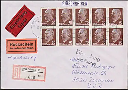DDR 938(10) 70 Pf. Walter Ulbricht Ex-R-Rs-Bf und eigenhändig, portorichtig Gemany East