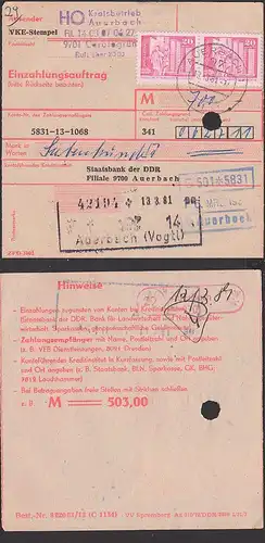 Auerbach Carolagrün PSt. 20 Pf (2) auf Einzahlungsauftrag  an Staatsbank der DDR Germany east 1981 HO Kreisbetrieb