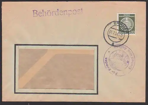 Erkner Propaganda "Für Frieden Einheit und Aufbau!" 1956 Behördenpost, Weltkugel
