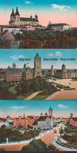 Posen Rathaus, Oberpostdirektion, Dom, Schlossbrücke, 3 Feldpostkarten