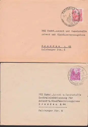 Radebeul Weinberg Bismark-Turm, Dresden Zwinger 5-Jahrplan Asbest-Fabrik Thoenes Karl May, 40 Pfg. Doppelbrief 2 Briefe