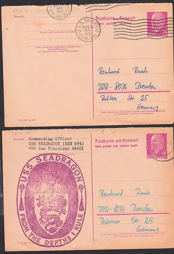 Antwortkarten  DDR P74a/F, 15 Pf. Walter Ulbricht aus U.S.S. Oriskany, bzw Seadragon from the depths,