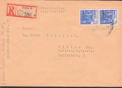 Berlin 58, R-Brief mit 35 Pfg. (2) DDR 417x gestrichenes Papier Berlin Stalinallee Sporthalle