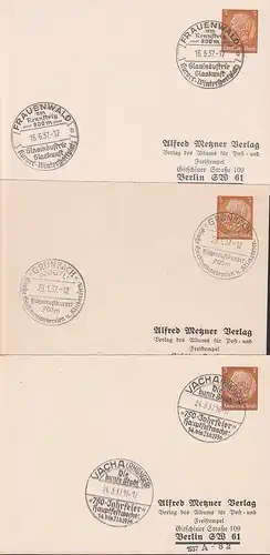 Vacha (Rhöngeb), Grünbach (Vogtl), Frauenwald 3 Pfg. GA Hindenburg mit privatem Adresszudruck, je SoSt. Glasindustrie
