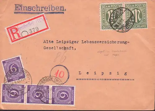 Grevenbrück R-Brief mit Blanko-R-Zettel 26.6.46 portogenau in MiF mit Ziffern nach Leipzig, 30 Pfg. AMP Paar OSt. Hagen