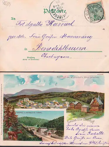 Oberhof, Gruss aus Litho mit Bahnhof und Eingang zum Brandleite-Tunnel, Wünschers Hotel, 28.8.1900 nach Benediktbeuern