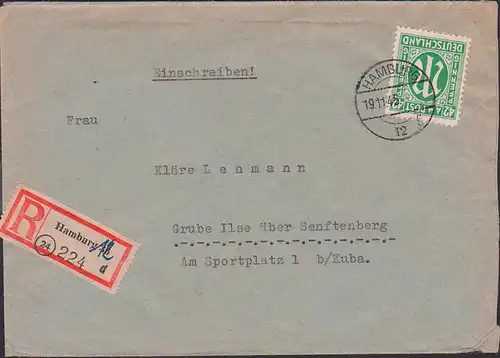 Hamburg 12 R-Brief 19.11.45 mit 42 Pfg.  AMP BiZ 31 nach Grube Ilse über Senftenberg, R-Zettel fremdverwendet