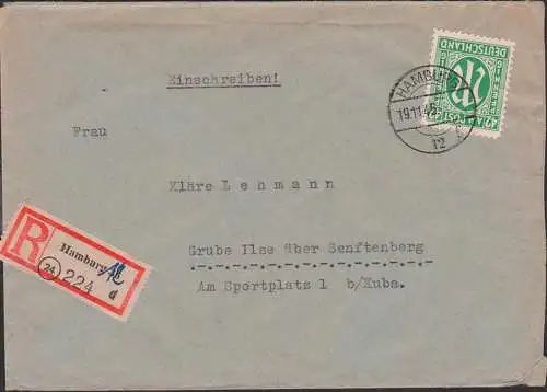 Hamburg 12 R-Brief 19.11.45 mit 42 Pfg.  AMP BiZ 31 nach Grube Ilse über Senftenberg, R-Zettel fremdverwendet