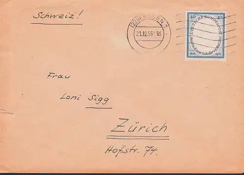 Friedrich Schiller 40 Pf. Auslandsbrief aus Essen nach Zürich 21.12.55, Bund 210, Prägedruck