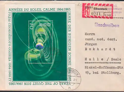 Eibenstock 31.12.65 R-Bf portogenau mit 70 Pf Bl. "Jahr der unruhigen Sonne" DDR Bl. 22
