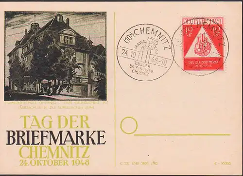 Chemnitz Schmuckkarte mit SoSt. Tag der Briefmarke "Im Aufbau voran!", Humboldtschule erste Grundschule mit Tagesschule