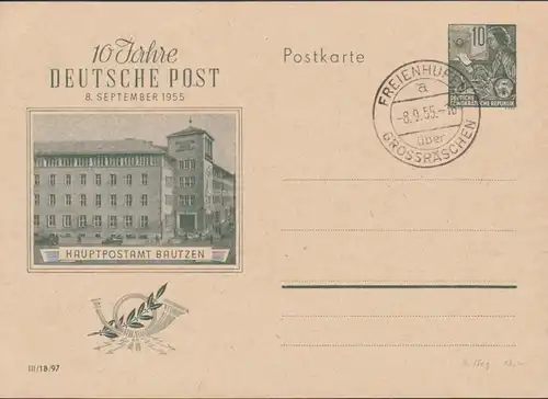 Germany picturecard Huptpostamt Bautzen, 10 Jahre Deutsche Post - mit OSt.Freienhufen üb. Grossräschen 8.9.55