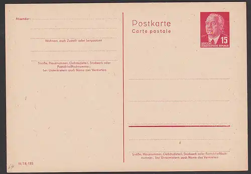 DDR Ganzsache 15 Pf. P64II ungebraucht, Wilhelm Pieck, Allemagne Germany