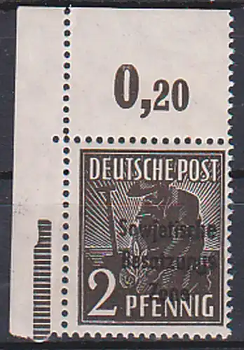 SBZ-Aufdruck auf 2 Pfg. 182P dgz. postfrisch, lo. Eckrand