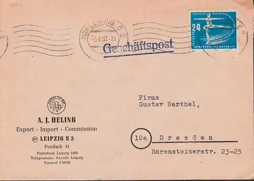 Schirke Eiskunstlauf 24 Pfg. MWSt. Leipzig, DDR 247 portogenau 3.4.50, Abs. A. J. Heling Logo "Export tut Not", Schornst