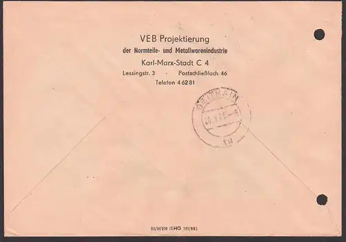 Karl-Marx-Stadt DDR ZKD-Brief R4 in blau Aktenlochung VEB Projektierung der Normteile- und Metallwarenindustrie