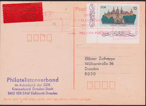 Eilsendung AFS Elektroschaltgerätewerke Dresden über 50 Pf, Karte mit 10 Pf freimacht Schloss Schwerin 1989