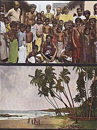 card AK col. Indien 2 Ktn. Gruppe eingeborener Kinder in  Bombey, Meeresküste Palmen  *