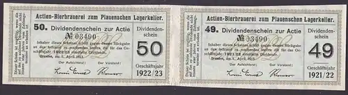 beer Bierbrauerei zum Plauenschen Lagerkeller Dresden 1913 2 Dividenden-Scheine Sachsen