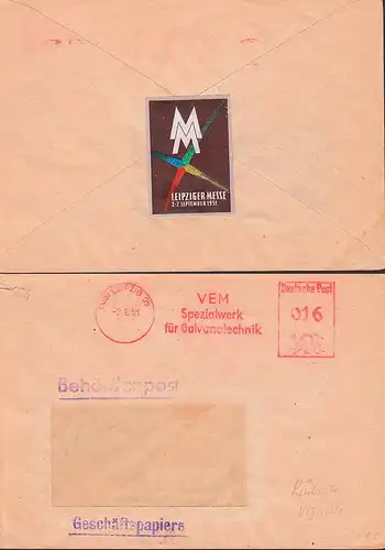 Vignette Leipziger Messe 1951, AFS VEM Spezialwerk für Galvanotechnik, Behördenpost 2.8.51,