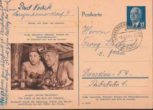 Langenhennersdorf (Kr,. Pirna), Bildpostkarte P 56/01 Bergmann, Hauer vor Ort, montan, Kohle, GA 12 Pf. Wilhelm Pieck